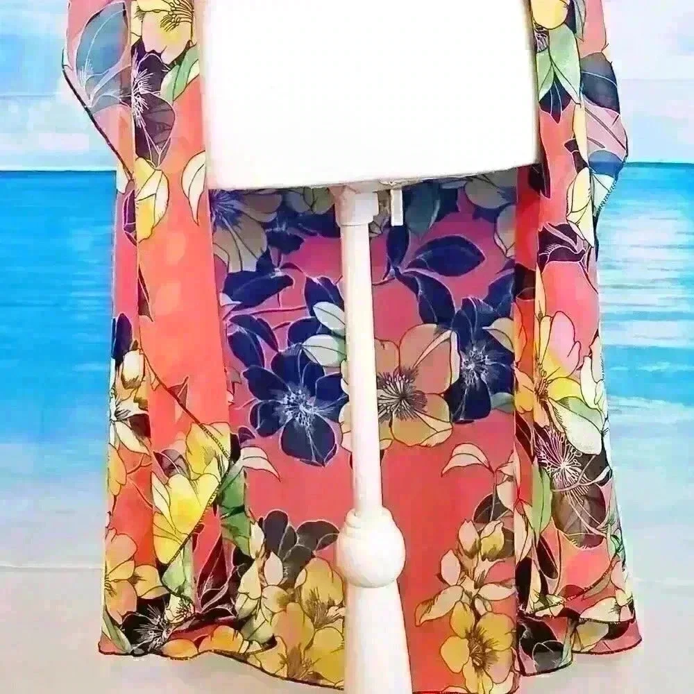 ORANGE FLORAL Beach Cover Sheer Open front Long Shawl LIGHTWEIGH Shrug One Size